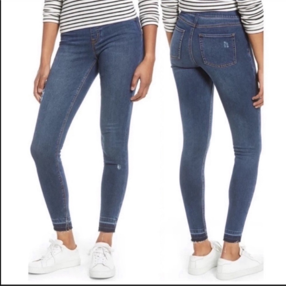 Spanx High Rise Distressed Denim Jegging, Raw Hem, Ankle, Size Small